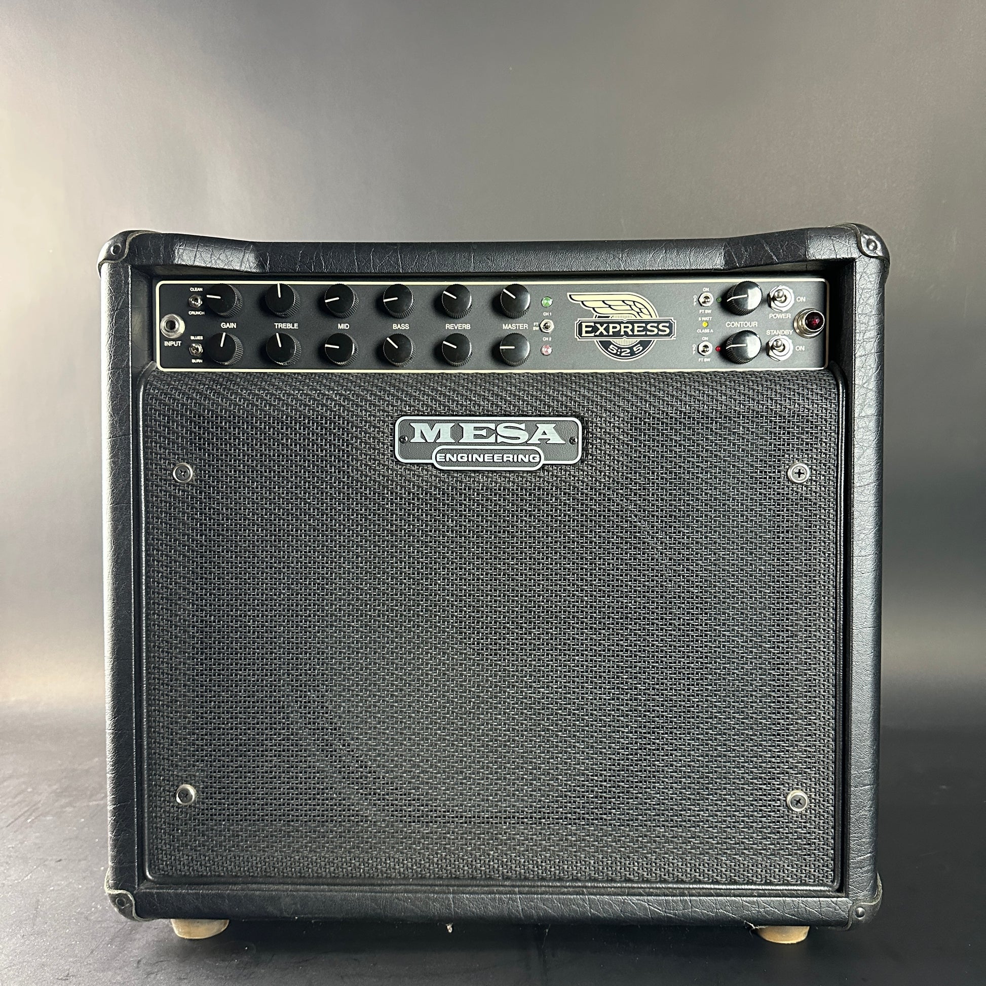 Guitar amplifier with Mesa Boogie branding on a gray background