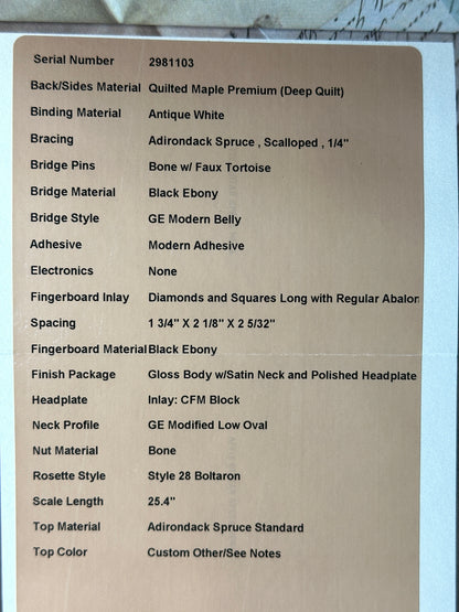 Spec sheet for Martin Custom Shop 000 14-Fret Quilted Maple.