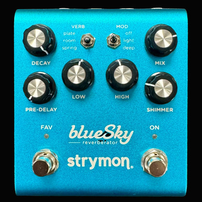 Blue Sky reverberator guitar effects pedal by Strymon on a textured surface