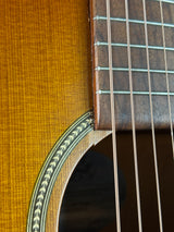 Close-up detail of an acoustic guitar showing the dark wood fretboard, metal strings, and the natural wood body with a decorative rosette.