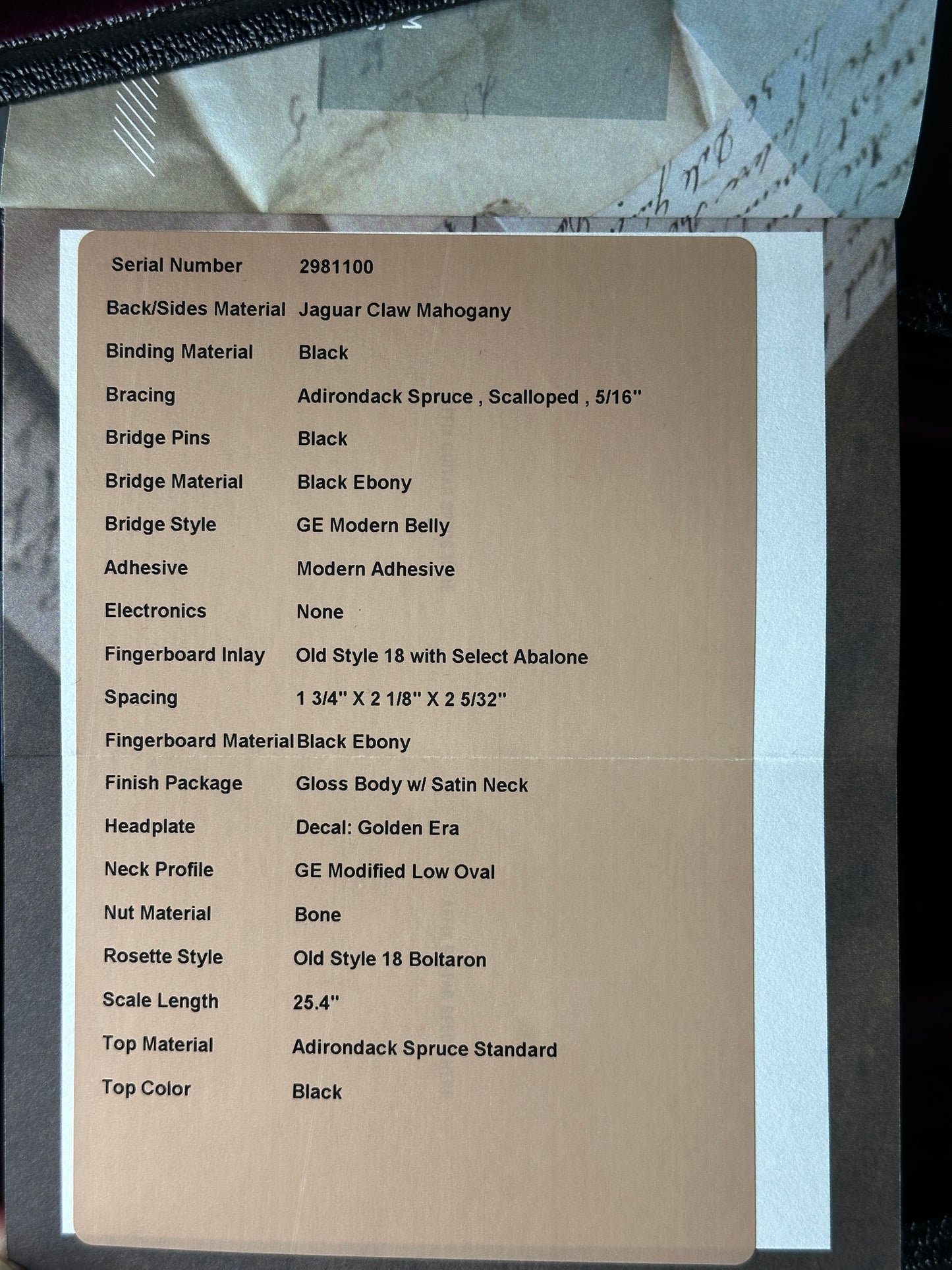Spec sheet for Martin Custom Shop Dread 14-Fret Jaguar Claw Mahogany Black Top.