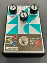 Guitar effects pedal with 'Ranger Overdrive' branding on a gray background