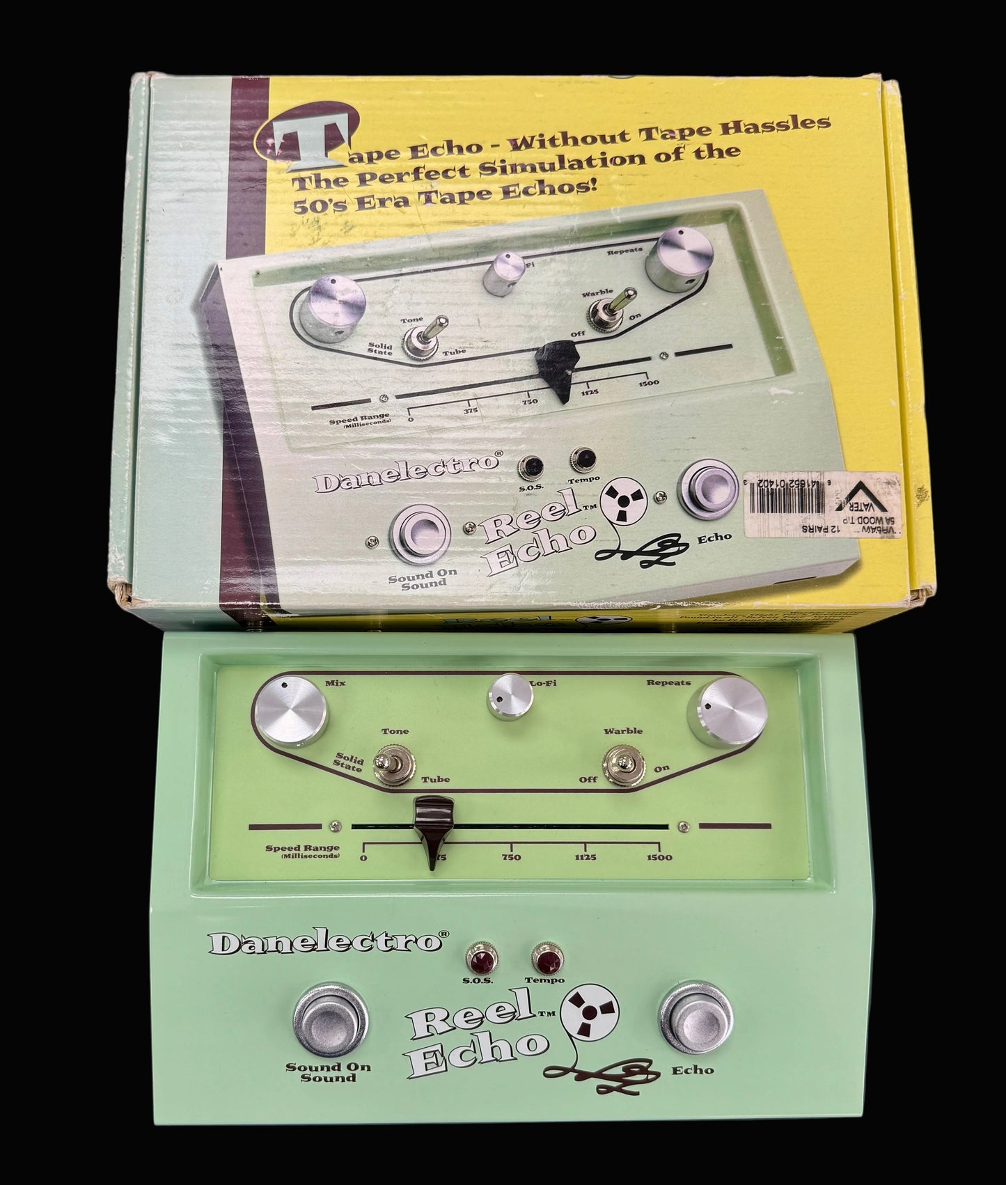 Danelectro Reel Echo pedal with packaging on a dark background