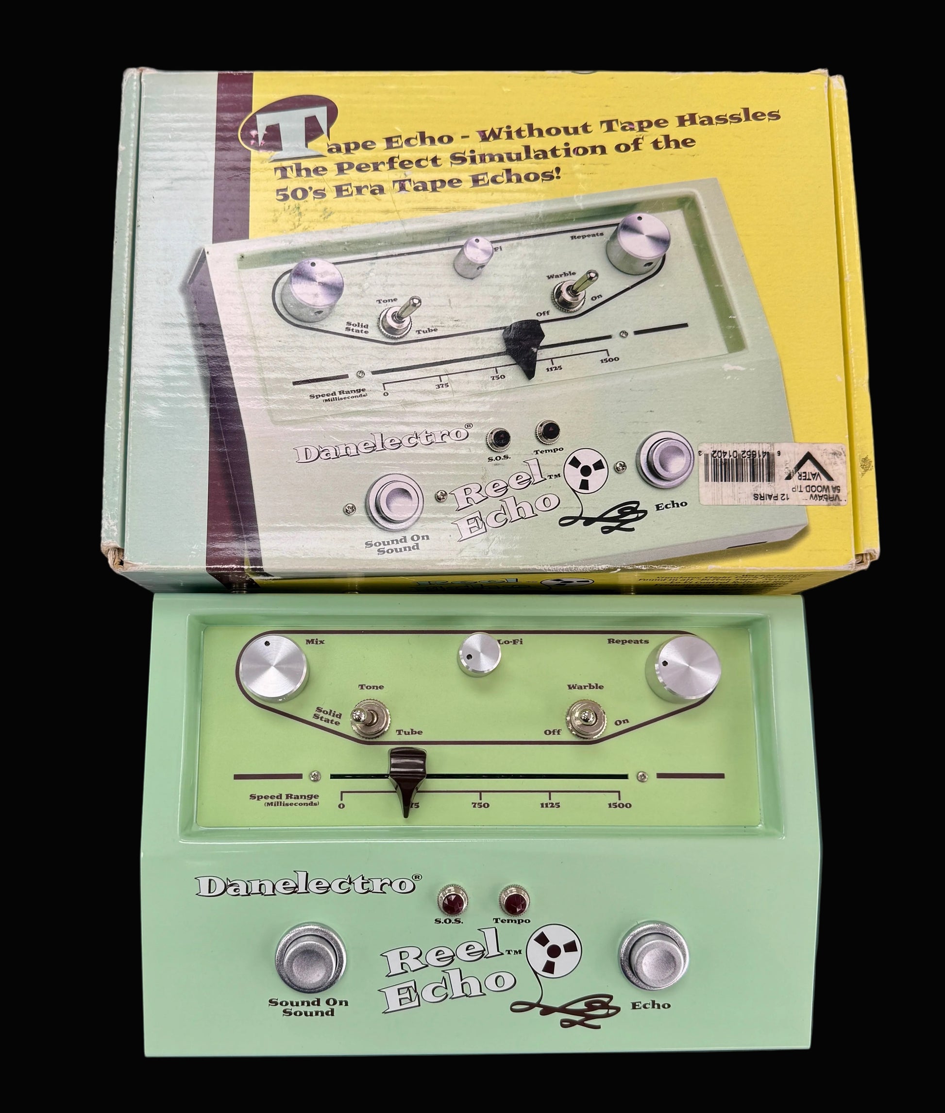 Danelectro Reel Echo pedal with packaging on a dark background