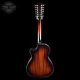 A double-neck acoustic-electric guitar shown from the back, featuring a glossy sunburst finish that transitions from dark brown to black, with silver metal tuning pegs on a black background.
