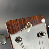 Close-up of the headstock of a guitar, showing a dark brown wood finish, a silver metal fretboard, tuning pegs, and strings, with a small white logo decal on the upper bout.