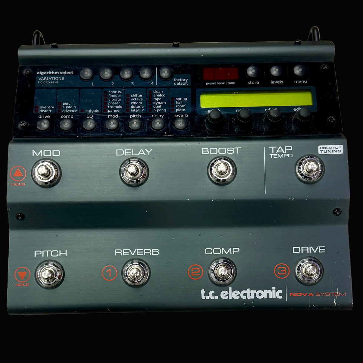 T.C. Electronic guitar effects pedal on a wooden surface