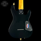 Back angle of Used Schecter Omen-8 Left Handed Black.