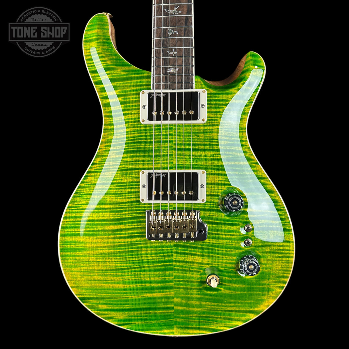 Front of PRS Select Wood Library McCarty Trem 10 Top Emerald.