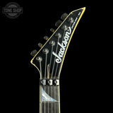 Headstock of Jackson Custom Shop USA Special Edition Soloist Taxi Cab Yellow Nitro Tour Relic.