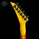 Back of headstock of Jackson Custom Shop USA Special Edition Soloist Taxi Cab Yellow Nitro Tour Relic.