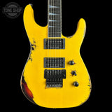 Front of Jackson Custom Shop USA Special Edition Soloist Taxi Cab Yellow Nitro Tour Relic.