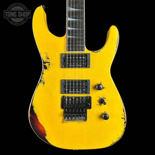 Front of Jackson Custom Shop USA Special Edition Soloist Taxi Cab Yellow Nitro Tour Relic.