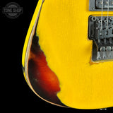 Front detail of Jackson Custom Shop USA Special Edition Soloist Taxi Cab Yellow Nitro Tour Relic.