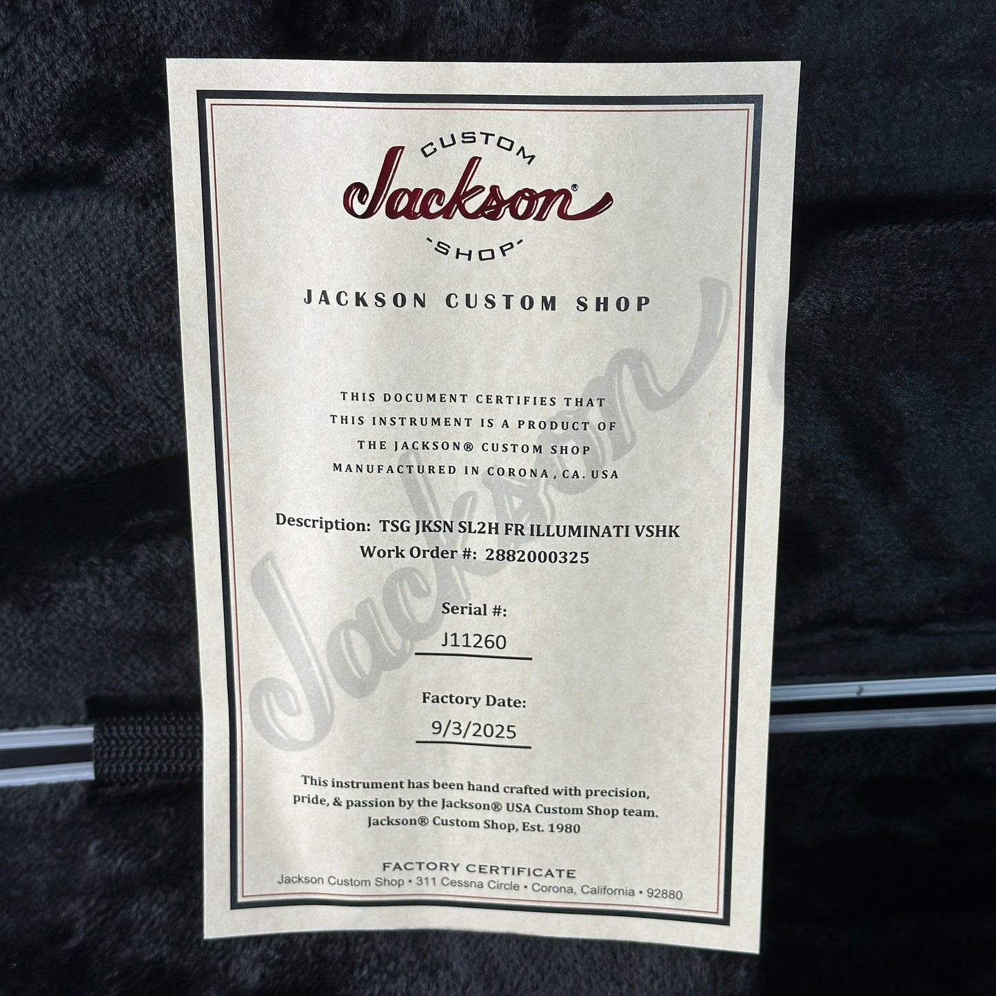 Certificate of authenticity for Jackson Custom Shop TSG Illuminati SL2H FR Vanilla Shake.