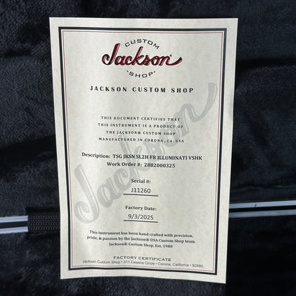 Certificate of authenticity for Jackson Custom Shop TSG Illuminati SL2H FR Vanilla Shake.