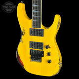 Front angle of Jackson Custom Shop USA Special Edition Soloist Taxi Cab Yellow Nitro Tour Relic.