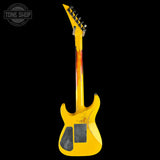 Full back of Jackson Custom Shop USA Special Edition Soloist Taxi Cab Yellow Nitro Tour Relic.