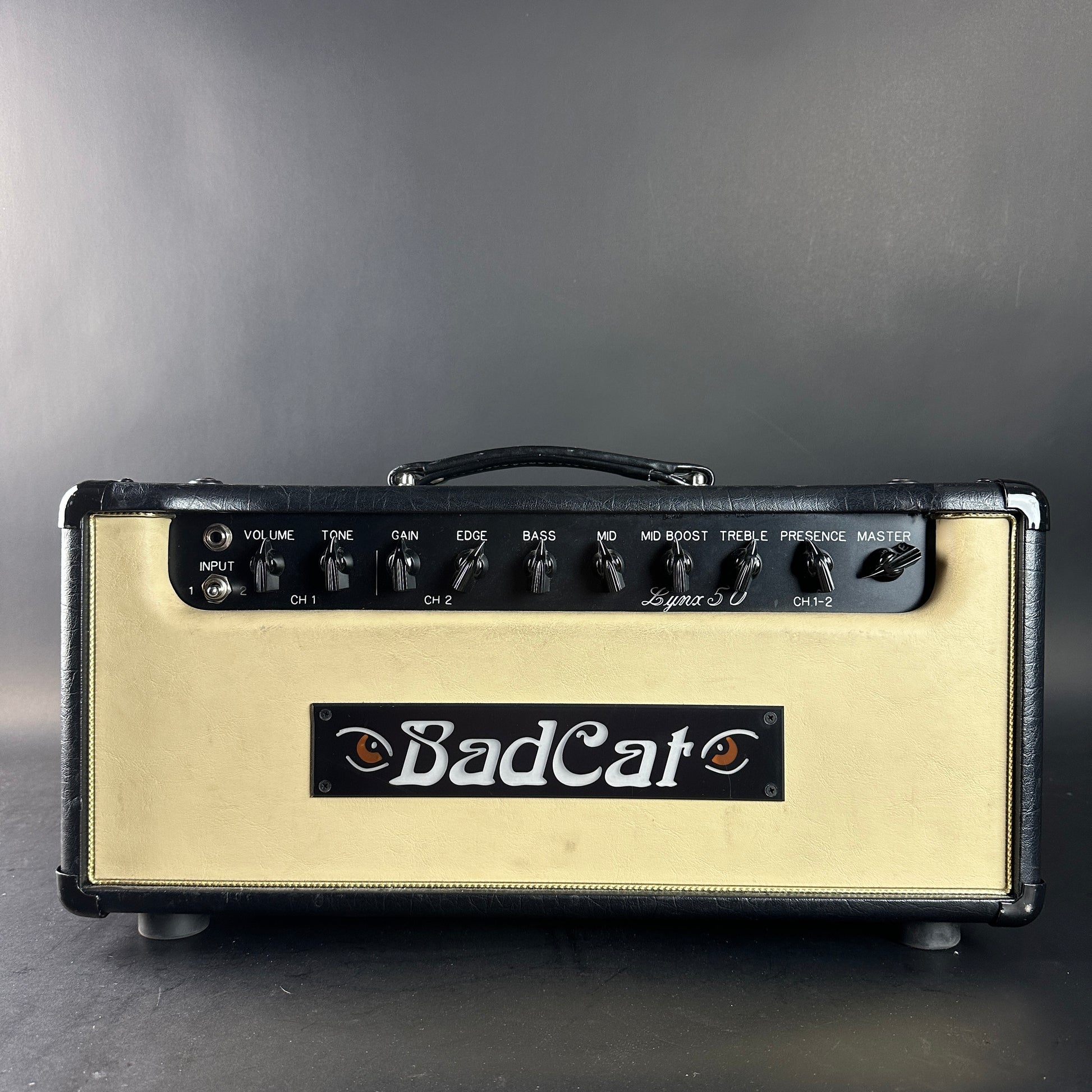 Bad Cat guitar amplifier head on a gray background