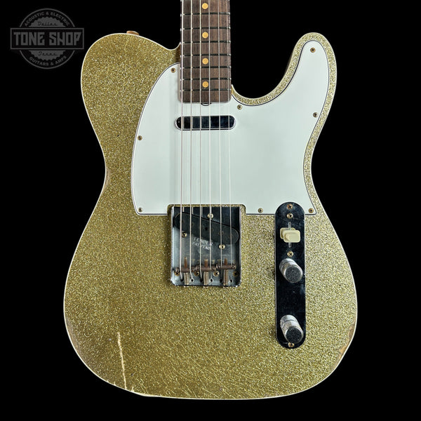 Front of Fender Custom Shop TSG Exclusive 1960 Telecaster Custom Chambered Gold Sparkle Relic.