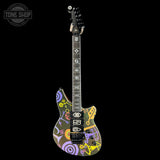 Colorful electric guitar with abstract designs on a black background, featuring the Tone Shop logo.