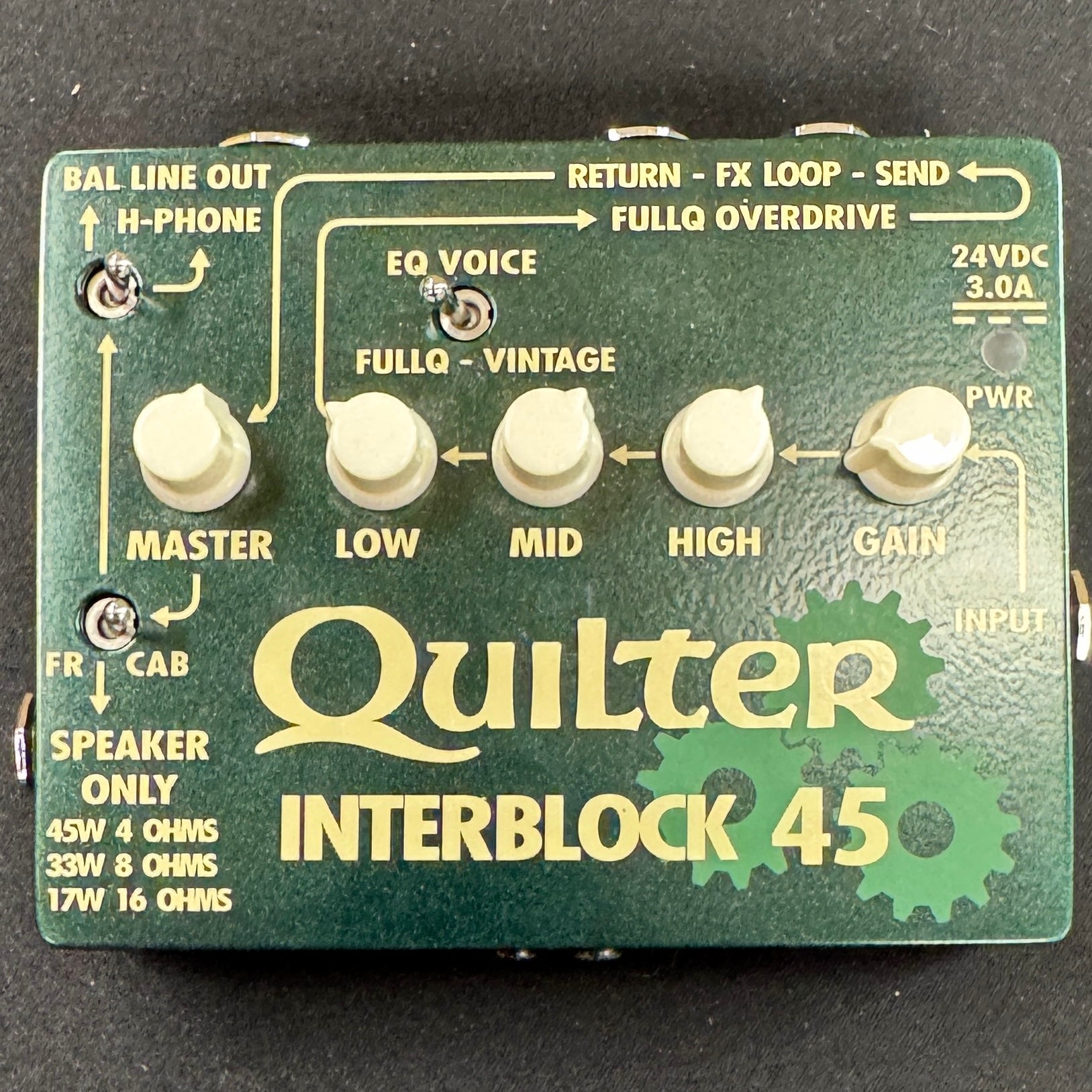Quilter Interblock 45 guitar effects pedal with control knobs and labels on a green background
