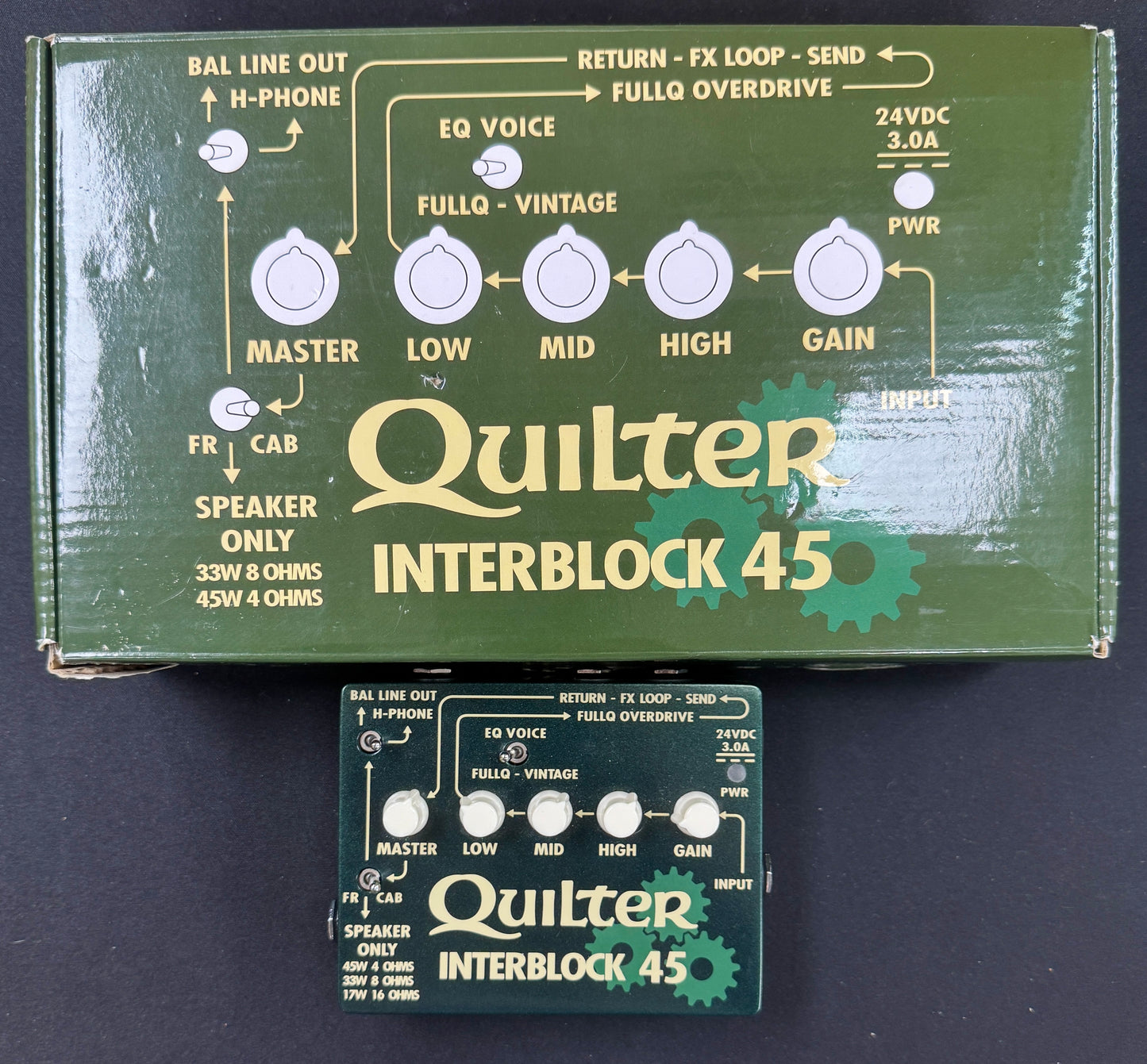 Quilter Interblock 45 guitar effects pedal packaging on a dark background