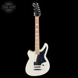 White electric guitar with a black pickguard on a white background, featuring 'Tone Shop' branding.