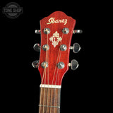 Close-up of the headstock of an Ibanez electric guitar against a black background, showing the red wood finish, gold Ibanez logo, and silver tuning pegs.