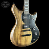 Front angle of Used 2026 Dunable Custom Shop Cyclops Black Limba Natural Black Burst.