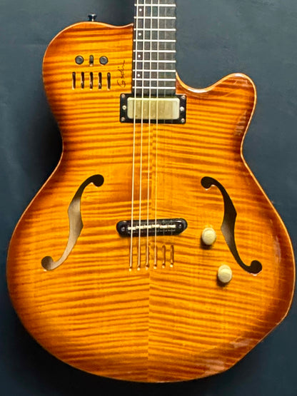 Wooden electric guitar with a dark background