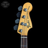 Headstock of Used 2018 Fender Nate Mendel Precision Bass Candy Apple Red.