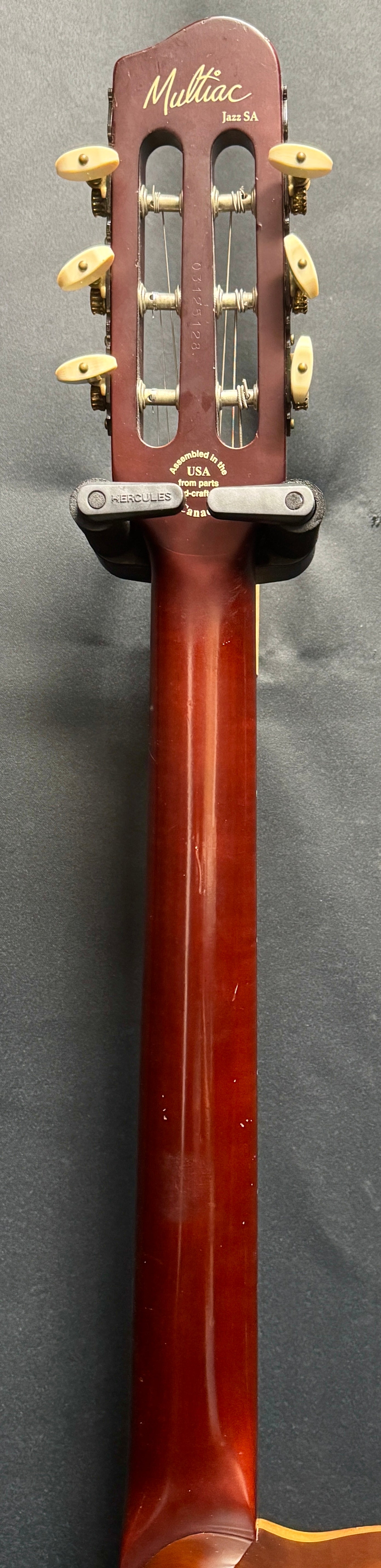 Guitar neck with headstock on a gray background