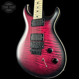 A close-up of an electric guitar body with a glossy red-to-black flame finish, featuring black hardware, a light wood fretboard, and a white binding edge, shown against a black background with a Tone Shop watermark in the top-left corner.