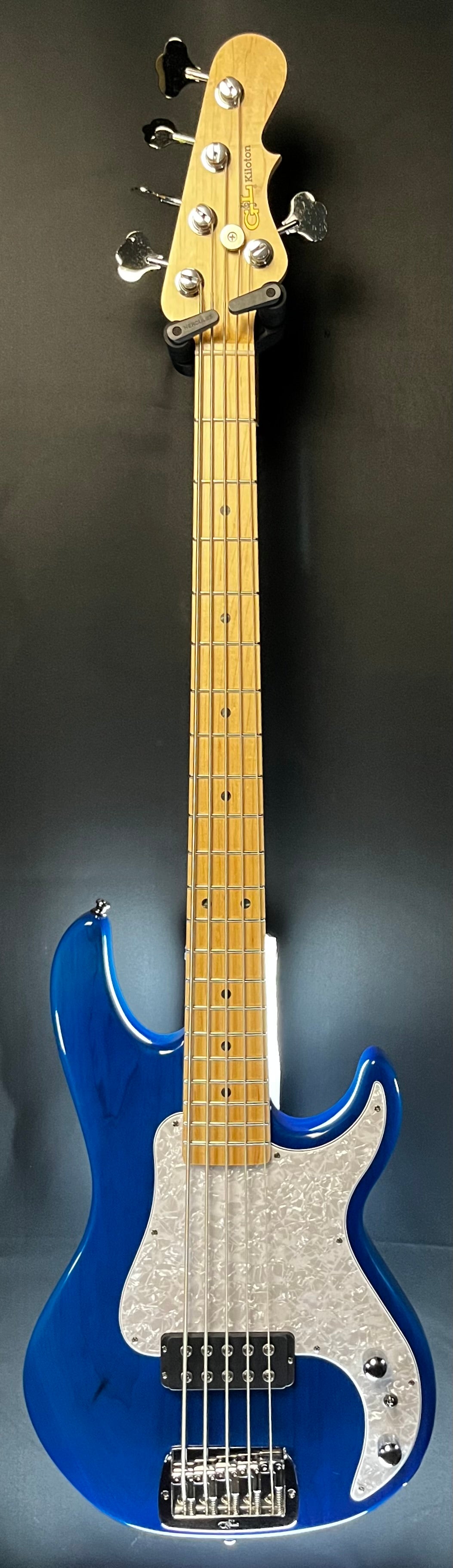 Full front of Used 2022 G&L Kiloton 5 Clear Blue w/case TFW276