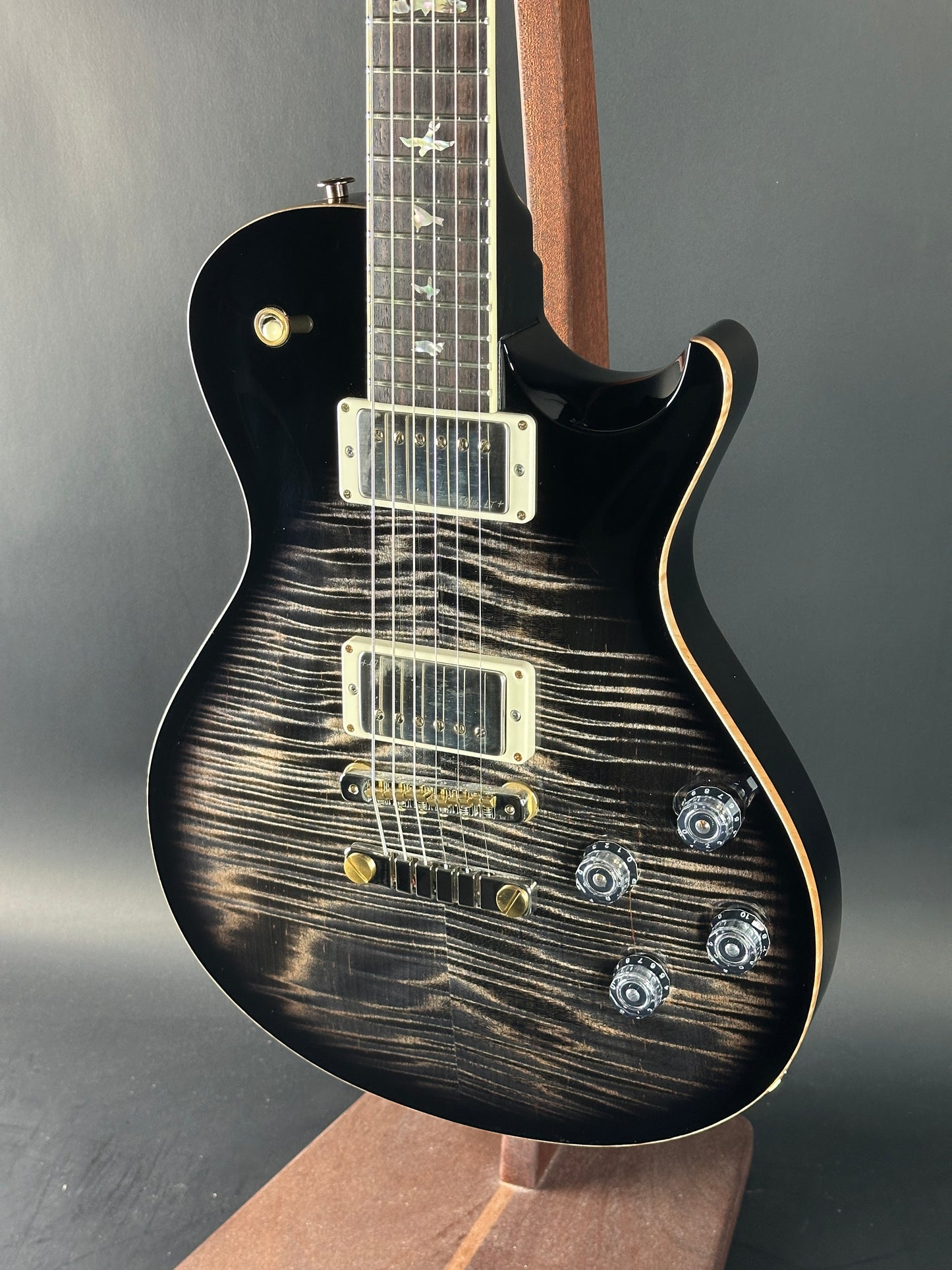 Front angle of Used PRS McCarty 594 Singlecut 10-Top Charcoal Burst.