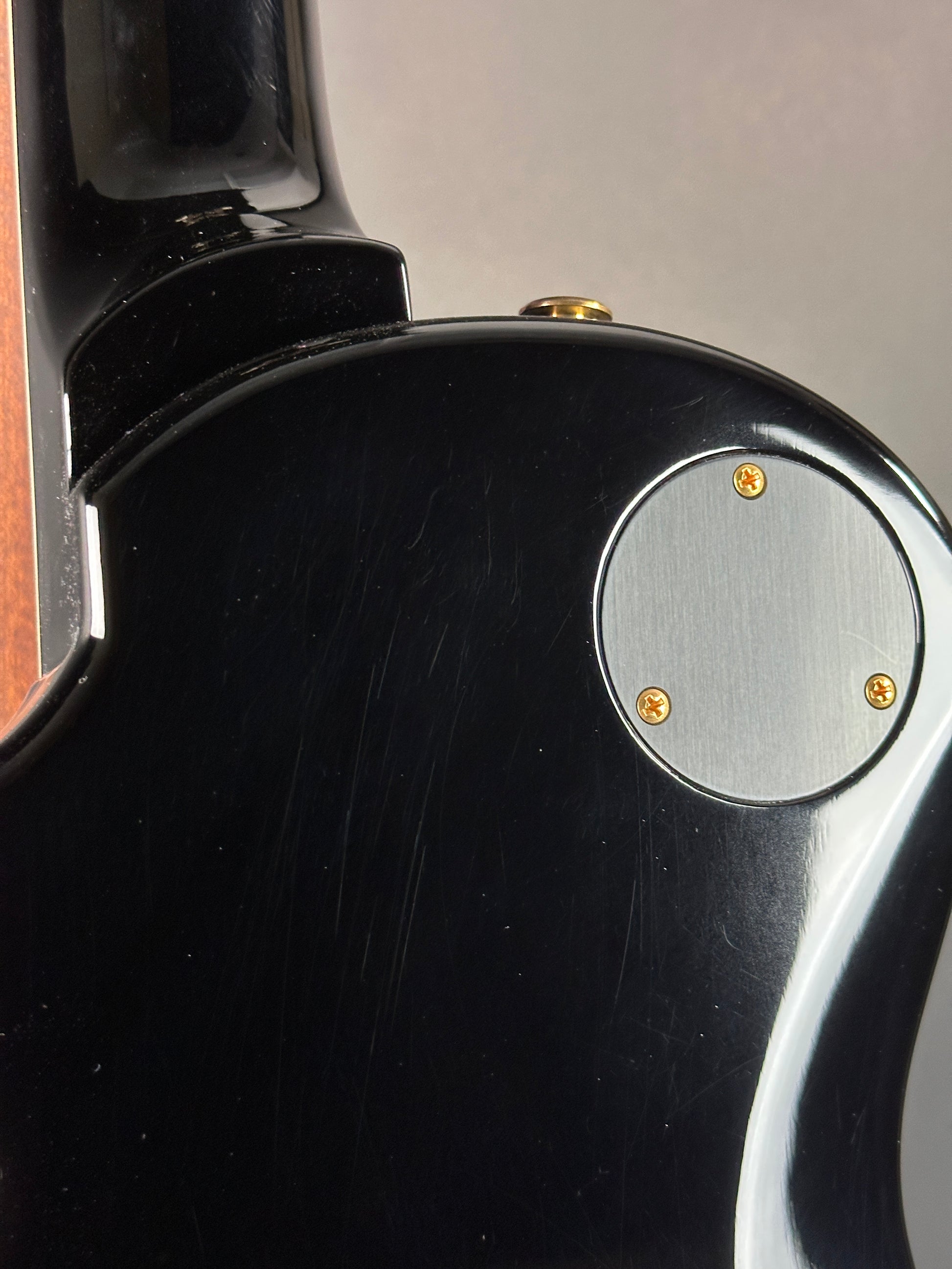 Close-up of a black guitar with a metallic label and screws.