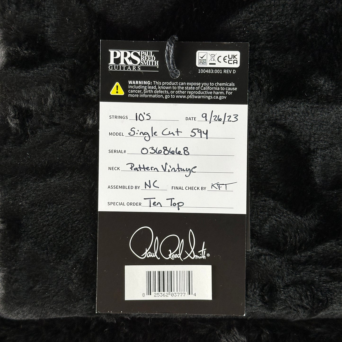 Hang tag for Used PRS McCarty 594 Singlecut 10-Top McCarty Sunburst.