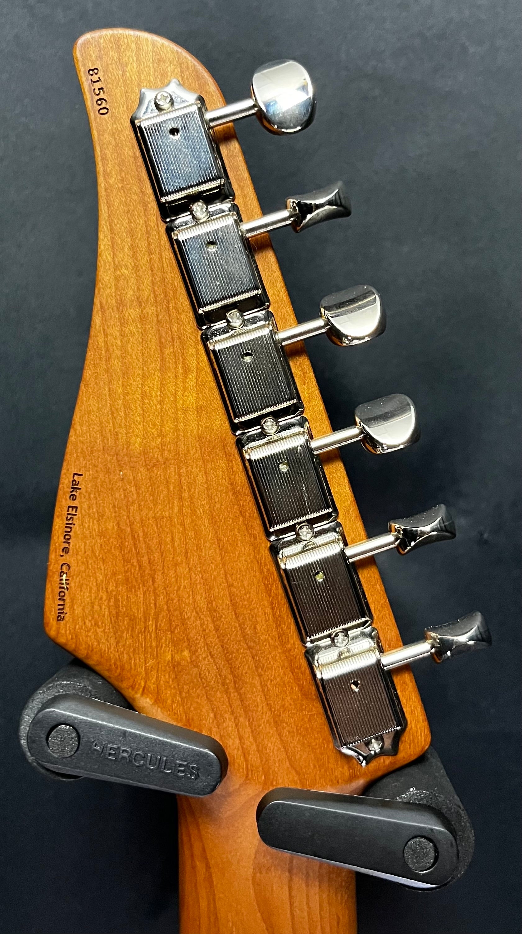 Back of headstock of Used 2023 Suhr Classic S Antique LE Roasted Maple Neck 6-Point Trem Fiesta Red w/bag TFW283