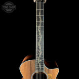 Acoustic guitar with decorative inlay on a black background, featuring 'Tone Shop' logo.