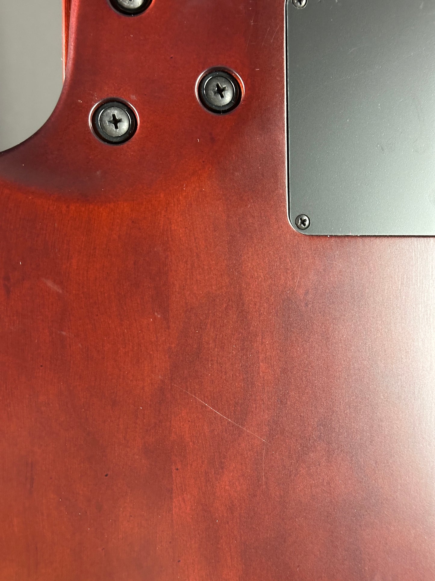 Close-up of a wooden surface with metal screws and a metallic plate.