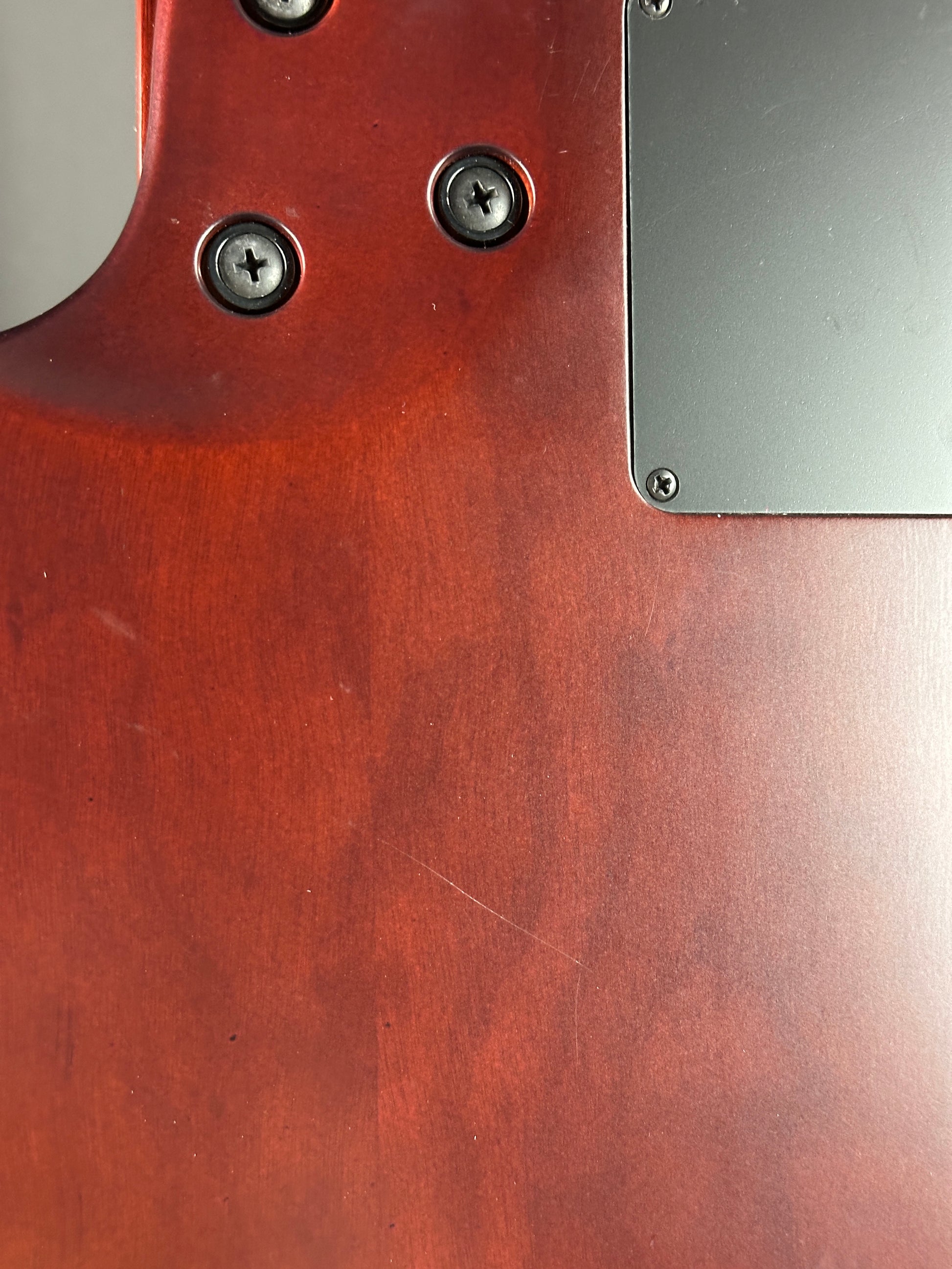 Close-up of a wooden surface with metal screws and a metallic plate.