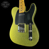 Front angle of Fender Custom Shop TSG Exclusive ’52 Telecaster Chambered Chartreuse Sparkle Journeyman Relic.