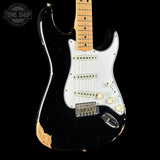 Front angle of Fender Custom Shop Limited Edition 1968 Stratocaster Relic Aged Black.