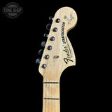 Headstock of Fender Custom Shop Yngwie Malmsteen Strat Sonic Blue.