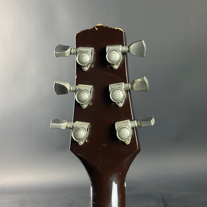 Guitar headstock with tuning pegs on a gray background