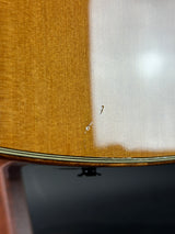 Close-up of a guitar with a textured brown body and white pickguard.