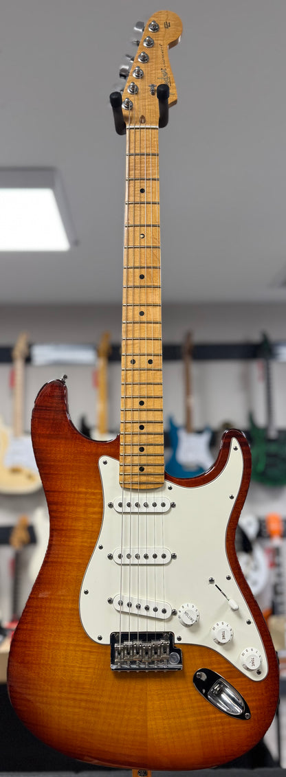 Front of whole Used 2012 Fender Select Stratocaster Dark Cherry Burst w/case TSS6295