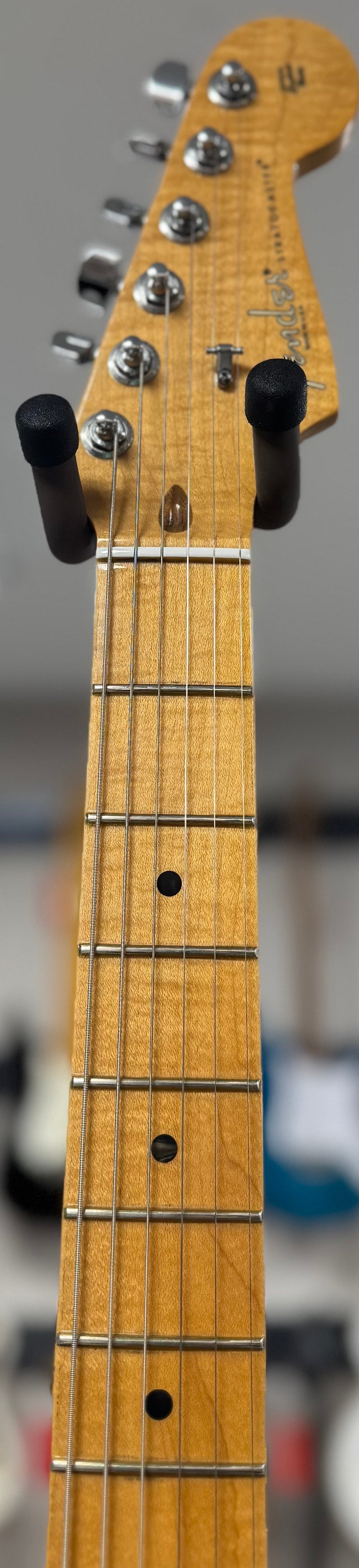 Front of neck of Used 2012 Fender Select Stratocaster Dark Cherry Burst w/case TSS6295