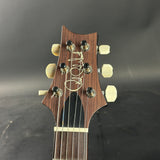 Guitar headstock with tuning pegs on a dark background